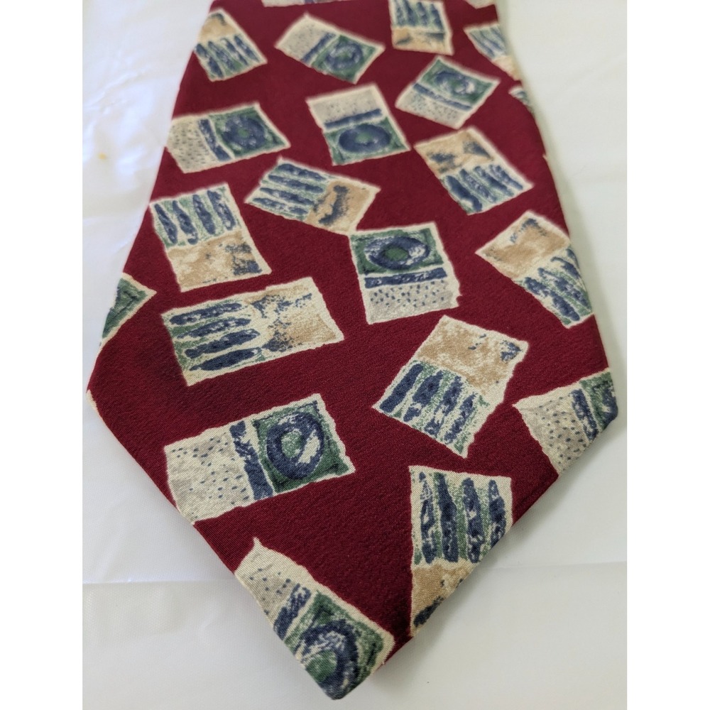 Vintage Andre Valentino Silk Neck Tie Burgundy Geometric Stamp Made USA 58x4